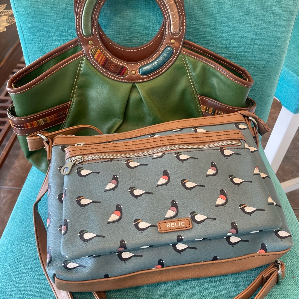 Set of 2 Relic Green and Brown Casual Bags with Unique Design